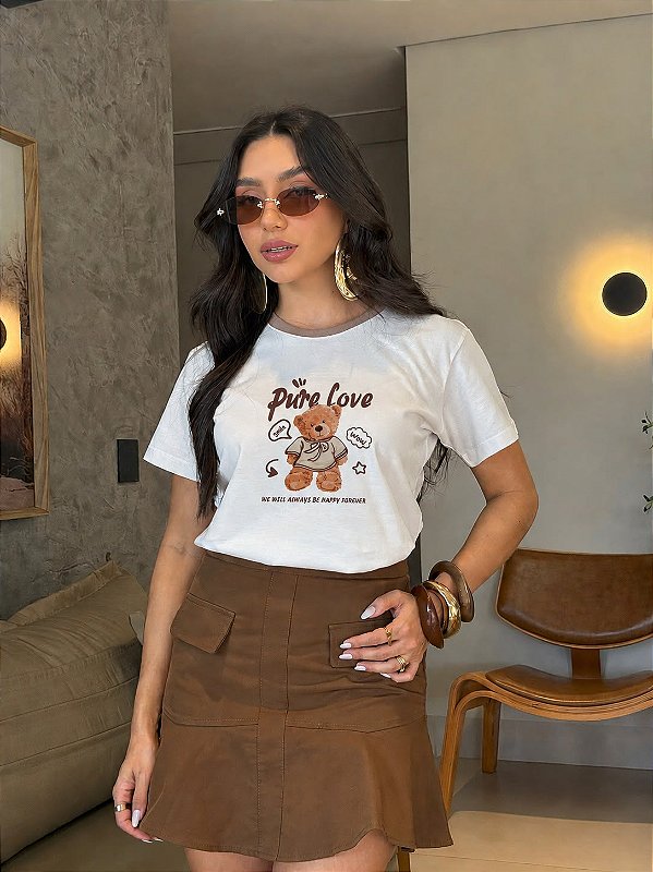 T-SHIRT DTF BICOLOR URSO PURE LOVE - OFF WHITE(MOCACCINO)