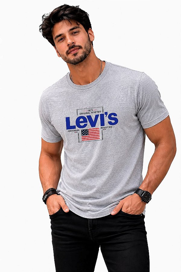 CAMISETA MASCULINA DTF LEVIS ORIGINAL RIVETED - CINZA MESCLA