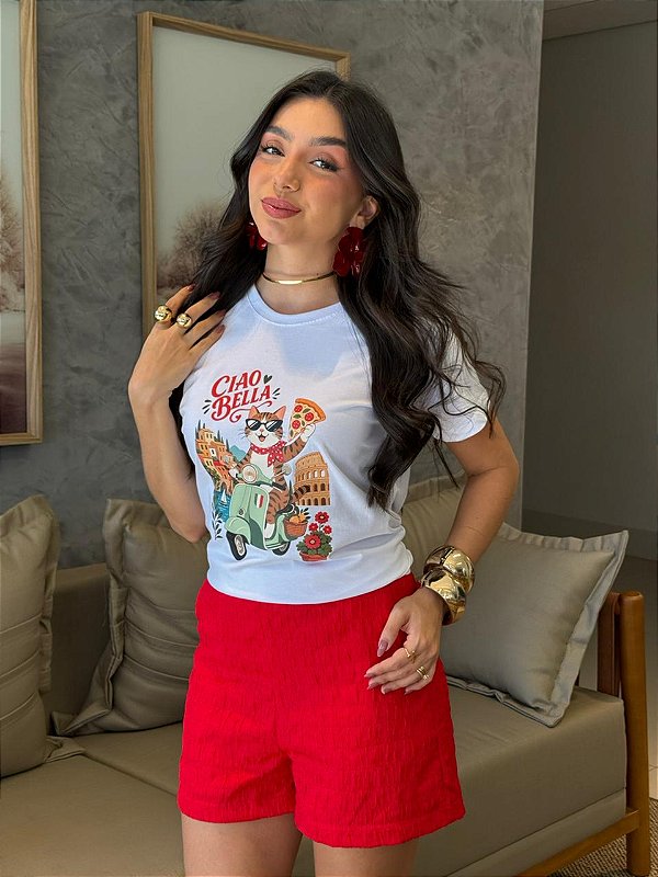 T-SHIRT DTF CIAO BELLA GATO PIZZA - BRANCO