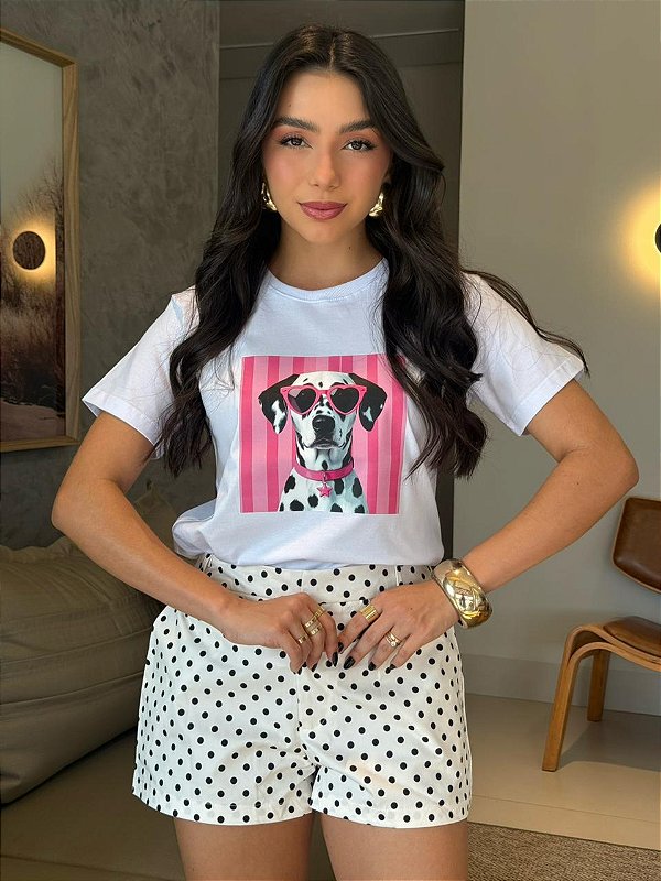 T-SHIRT DTF DALMATA LISTRAS ROSAS - BRANCO