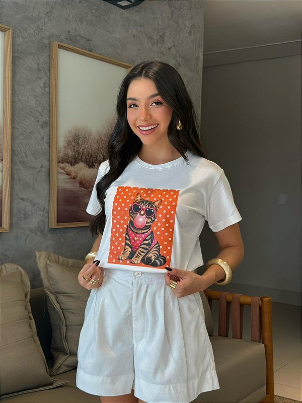 T-SHIRT DTF GATO POA LARANJA - OFF WHITE