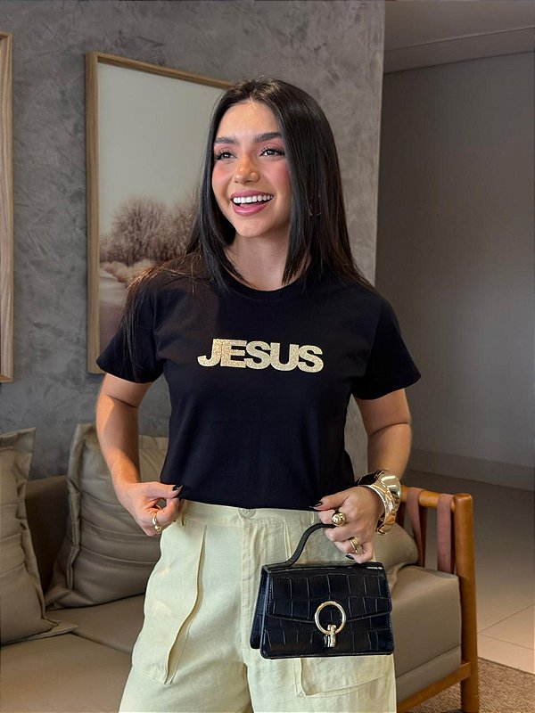 T-SHIRT DTF JESUS DOURADO APLICAÇÃO - PRETO
