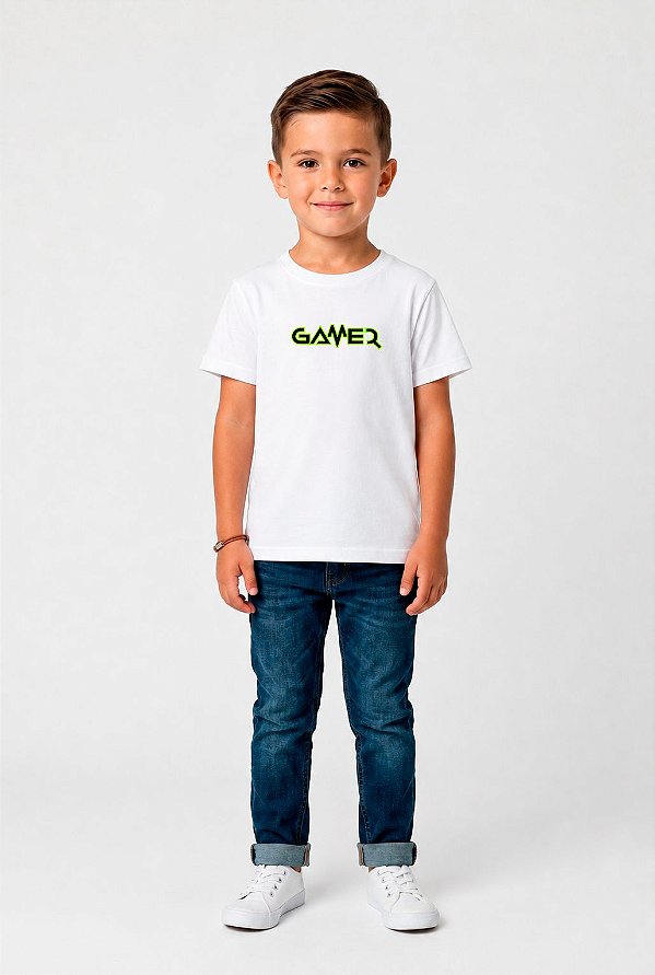 T-SHIRT INFANTIL DTF GAMER AMARELO NEON APLICAÇÃO - BRANCO