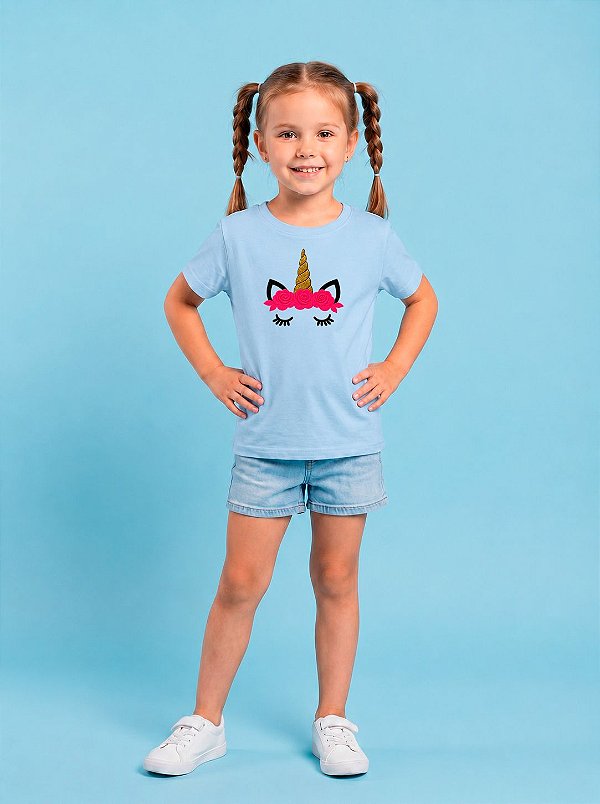 T-SHIRT INFANTIL DTF UNICORNIO APLICAÇÃO - AZUL CÉU