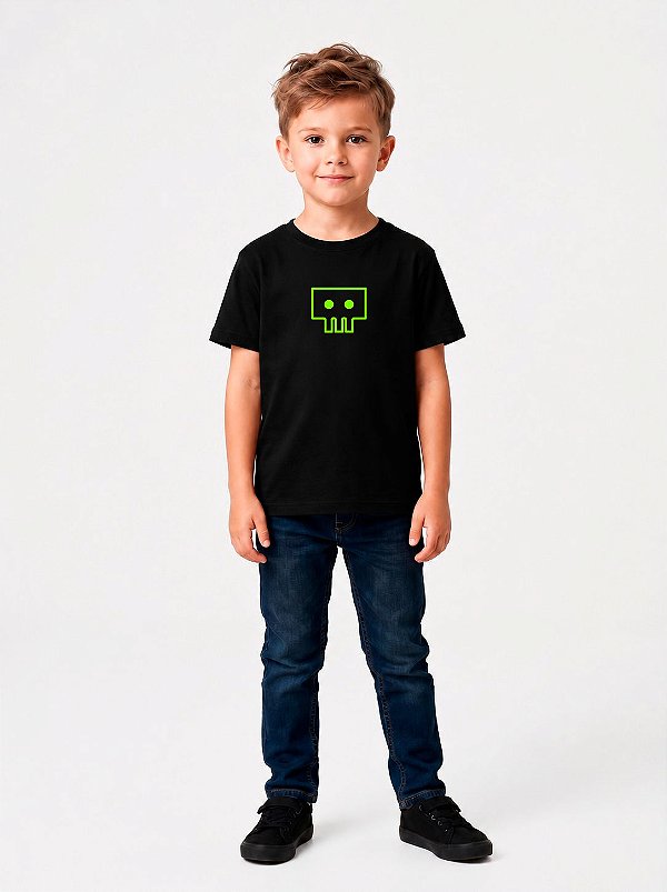 T-SHIRT INFANTIL DTF SKULL PIXEL APLICAÇÃO - PRETO