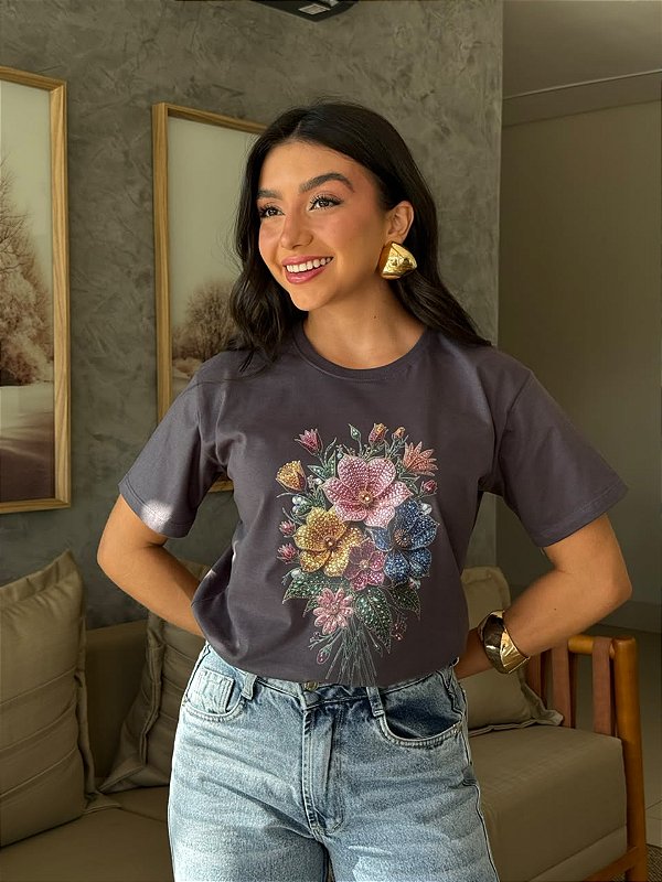 T-SHIRT DTF BUQUE DE PEDRAS PRECIOSAS - CINZA ARDOSIA