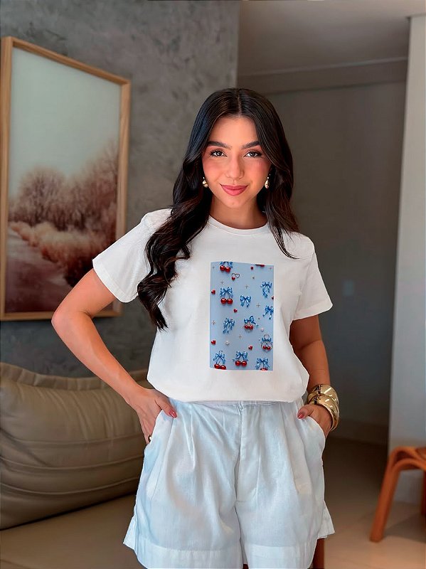 T-SHIRT DTF CEREJAS LAÇOS AZUIS - BRANCO