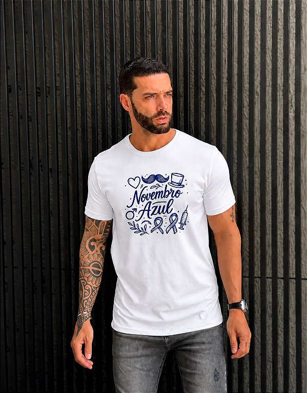CAMISETA MASCULINA DTF NOVEMBRO AZUL - BRANCO