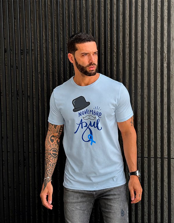 CAMISETA MASCULINA DTF NOVEMBRO AZUL CHAPEU - AZUL CEU