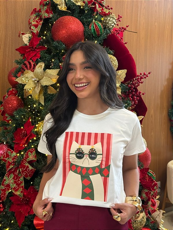 T-SHIRT DTF GATO MERRY X MAS - OFF WHITE
