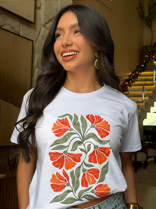 T-SHIRT DTF MOSAICO FLORES LARANJAS - BRANCO