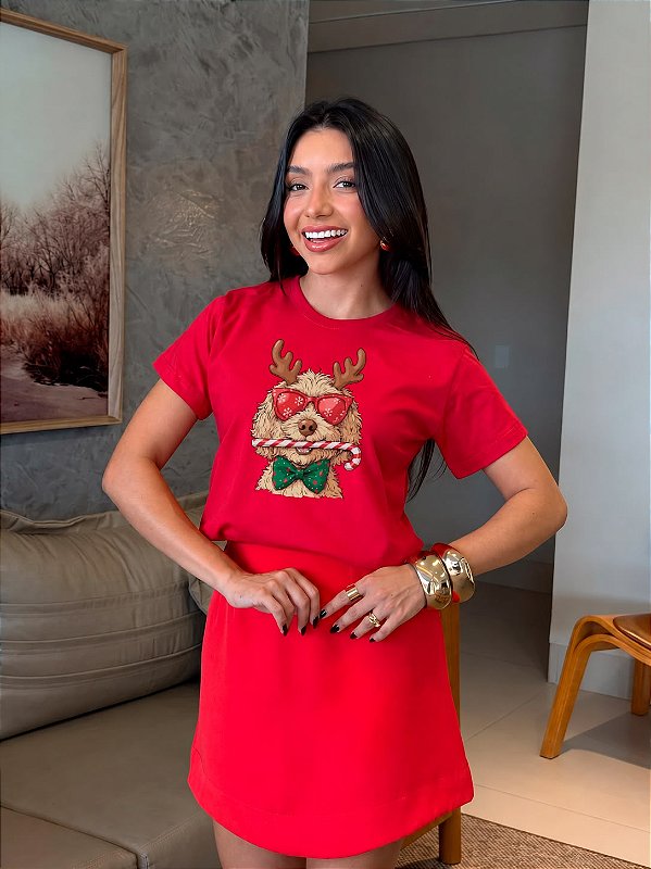 T-SHIRT DTF CACHORRO DE RENA - VERMELHO