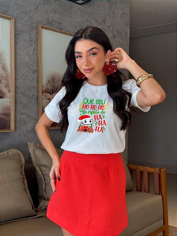 T-SHIRT DTF QUE O SEU HO HO HO SEJA REPLETO DE HA HA HA - BRANCO