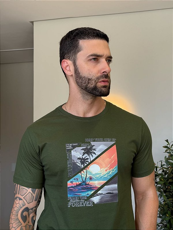 CAMISETA MASCULINA DTF KEEP YOUR CHIN UP - VERDE MILITAR
