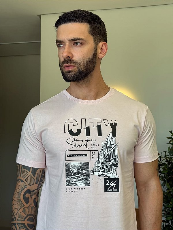CAMISETA MASCULINA DTF CITY STREET - ROSA ROMANTIC
