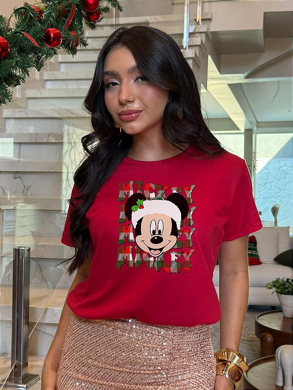 T-SHIRT DTF MICKEY NATAL XADREZ - VERMELHO