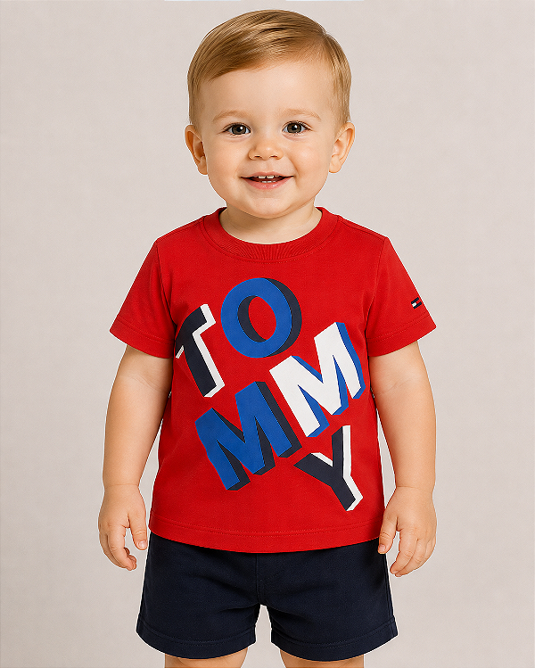 Camiseta Baby Tommy Hilfiger Infantil Estampada Logo Bordado Original - Vermelha/ Logo