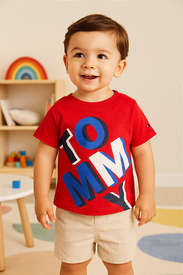 Camiseta Baby Tommy Hilfiger Infantil Estampada Logo Bordado Original - Vermelha/ Logo