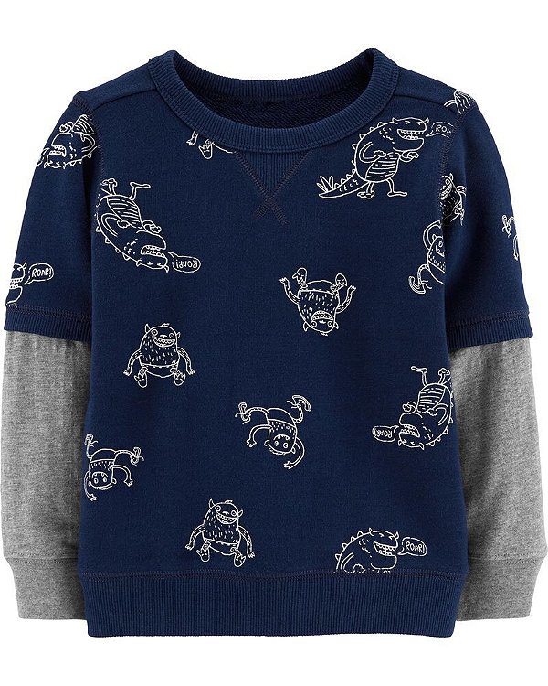 Camiseta Carter's, manga longa, em algodão - Monstrinho