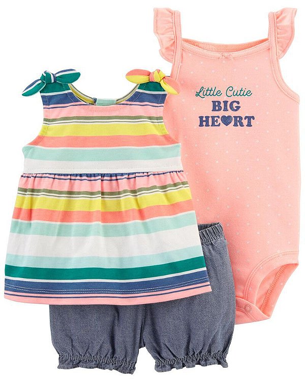Conjunto Carter’s 3 Peças – Body + Blusa + Short com Elástico nas Pernas - Listrado
