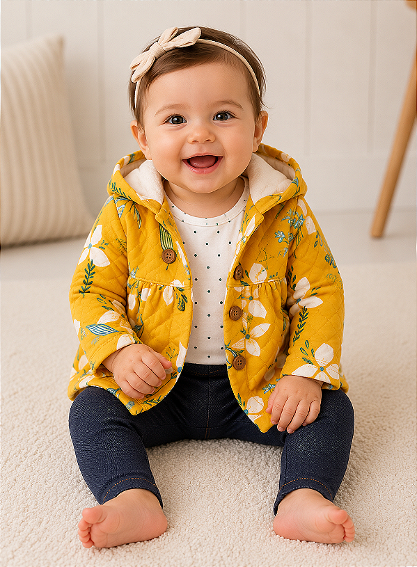 Conjunto Carter's - Casaco com capuz, body e calça - Amarelo floral