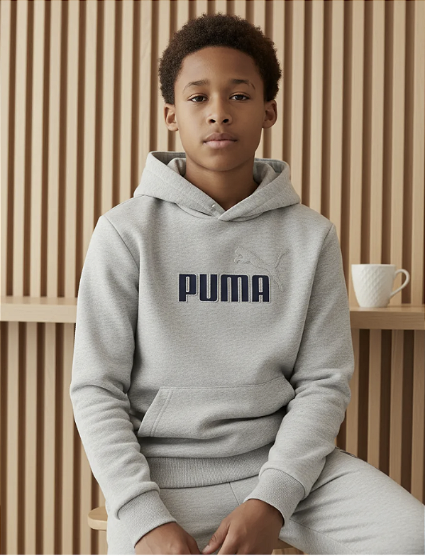 Moletom Puma Flanelado, com capuz, Infantil - Cinza