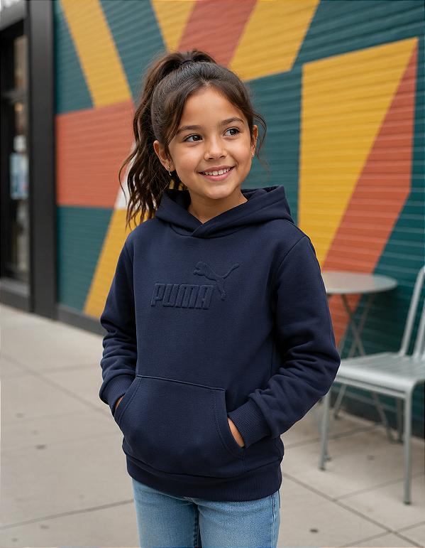 Moletom Puma Flanelado, com capuz, Infantil - Azul Marinho