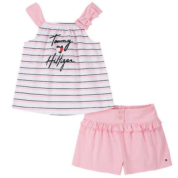 Conjunto Tommy Hilfiger Infantil – Blusa Listrada com Laço + Short Rosa