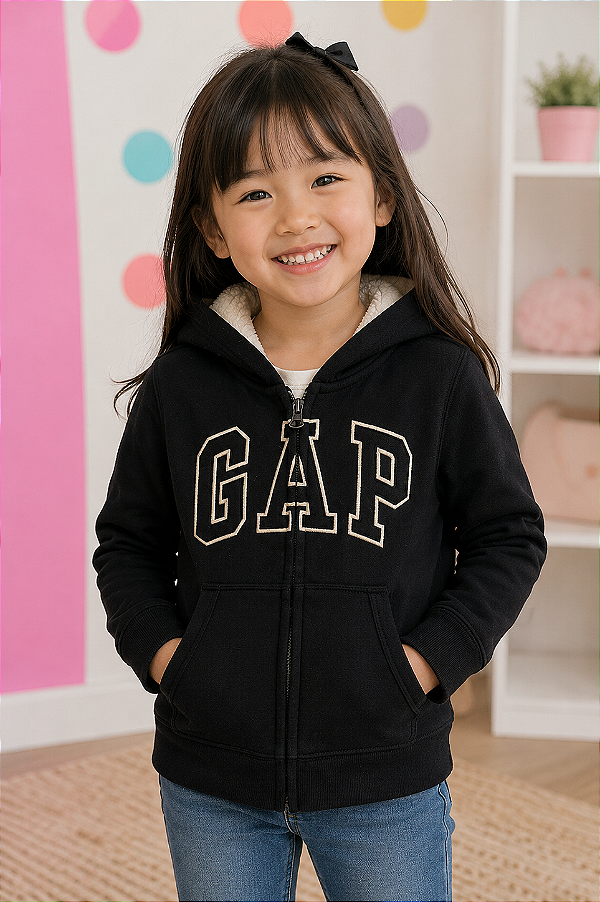 Agasalho Infantil GAP de Moletom Peluciado com Capuz, Zíper e Bolso Canguru - Logo Dourado