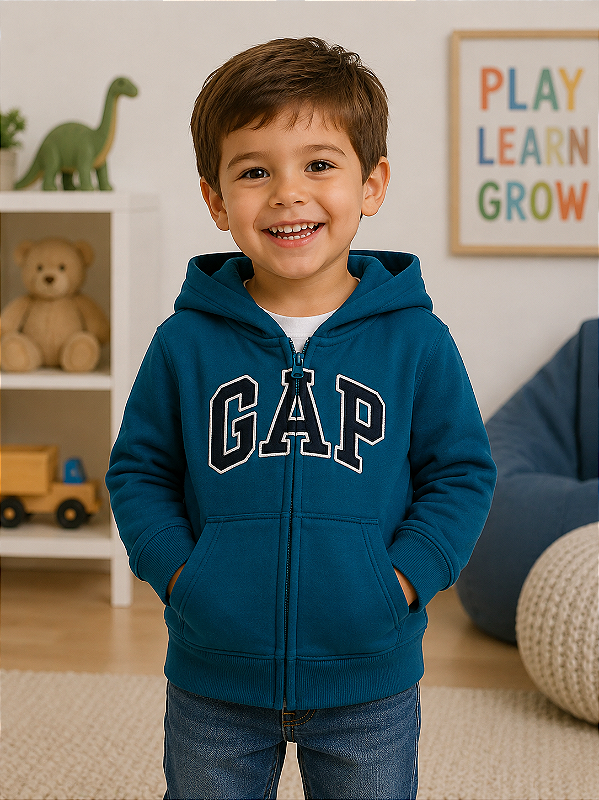 Agasalho Infantil GAP de Moletom Flanelado com Capuz, Zíper Frontal e Bolso Canguru - Azul