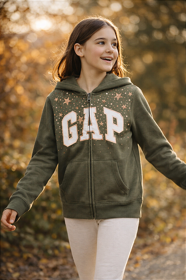 Agasalho Infantil GAP de Moletom Flanelado com Capuz, Zíper Frontal e Bolso Canguru - Estrelas douradas
