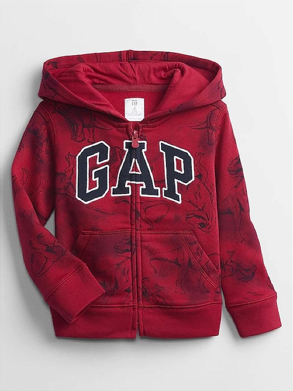 Agasalho Infantil GAP de Moletom Flanelado com Capuz, Zíper Frontal e Bolso Canguru - Dinossauro