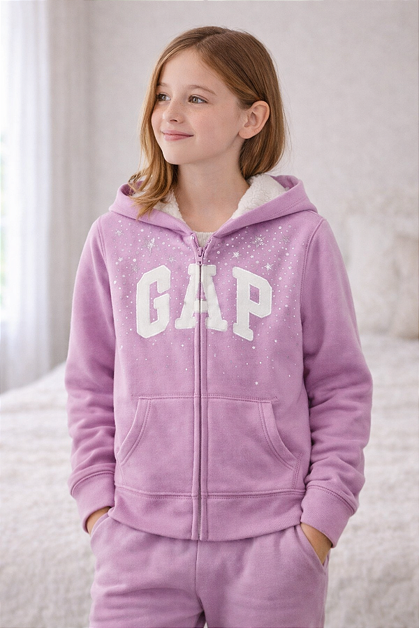 Agasalho Infantil GAP de Moletom Sherpa com Capuz, Zíper e Bolso Canguru - Estrelinhas Brilhantes