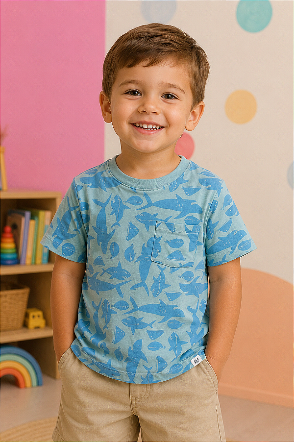 Camiseta GAP, manga curta, em algodão - Tubarões