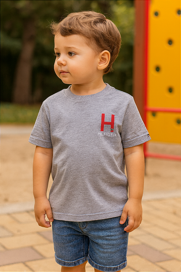 Camiseta Tommy, manga curta, em algodão - Cinza