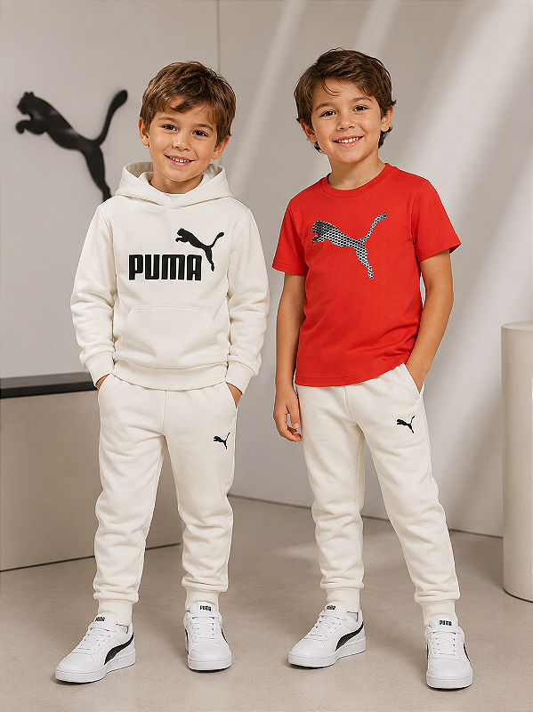 Conjunto Moletom e Camiseta Puma - Cinza/ Preto/ Vermelho