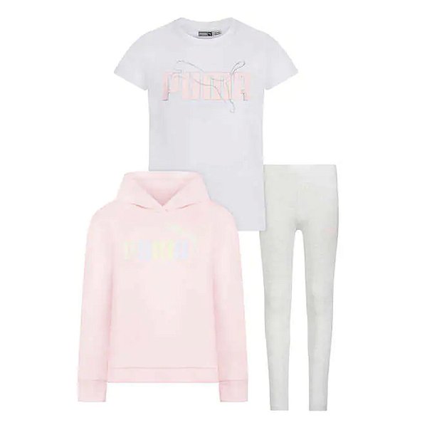 Conjunto Puma - Moletom, calça legging e Camiseta - Rosa/ Lilás/ Cinza