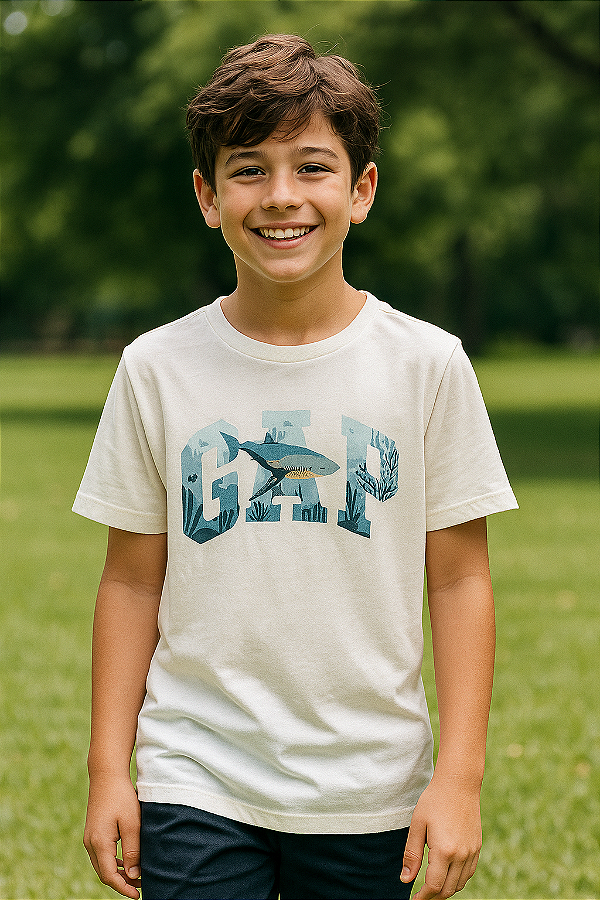 Camiseta GAP, manga curta, em algodão - Tubarão/ Logo