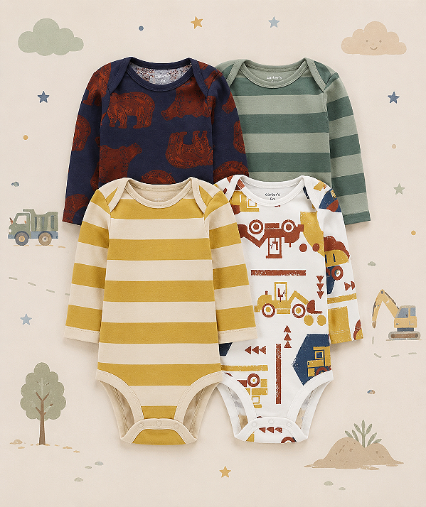 Kit de bodies Carter's - 4 bodies manga longa - Ursos e listras