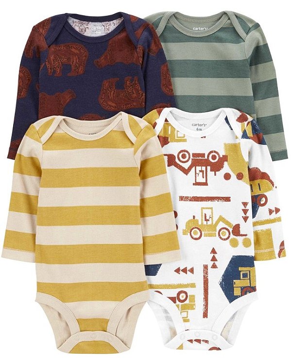 Kit de bodies Carter's - 4 bodies manga longa - Ursos e listras