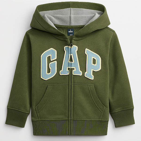 Agasalho Infantil GAP de Moletom Flanelado com Capuz, Zíper Frontal e Bolso Canguru - Verde