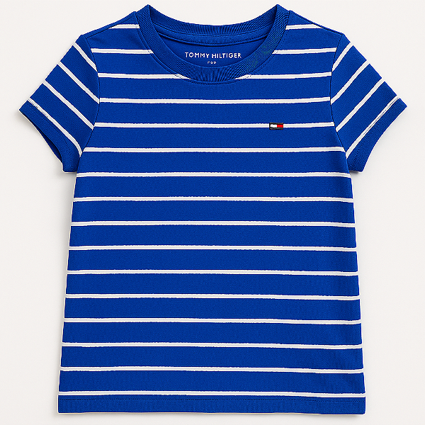 Camiseta Clássica Tommy Hilfiger, manga curta, em algodão - Listrada/ Azul e Branco