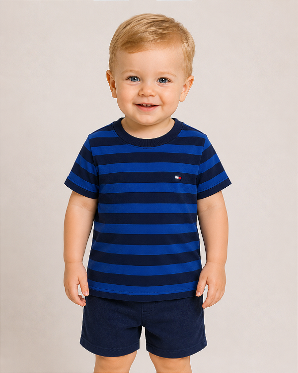 Camiseta Baby Tommy Hilfiger Infantil Estampada Logo Bordado Original - Azul