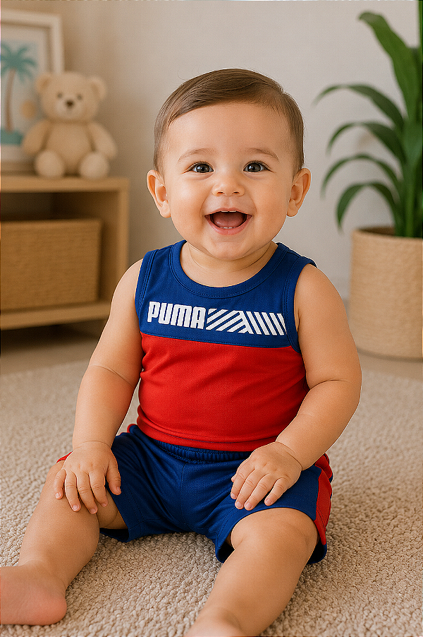 Conjunto Puma - camiseta e short esportivo - Azul, Vermelho e Branco