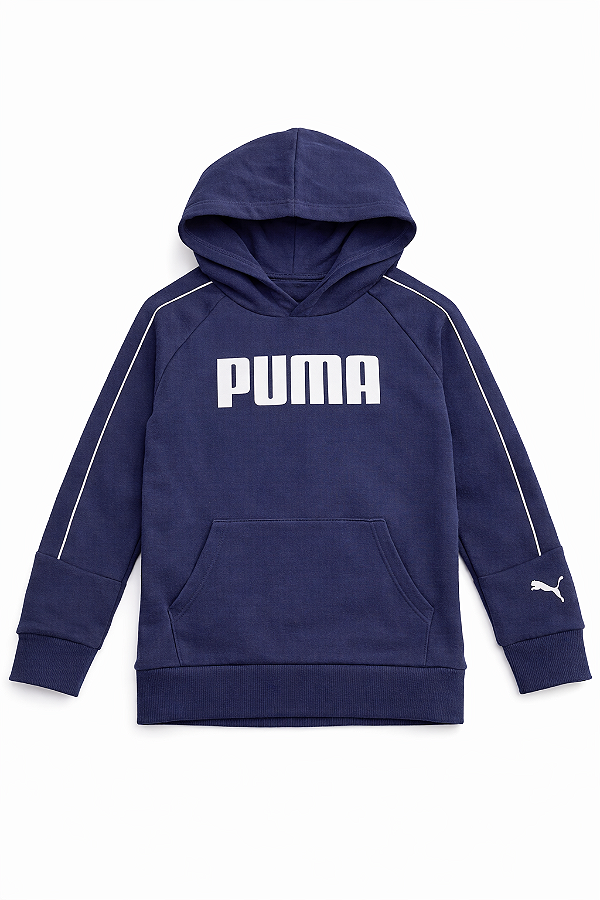 Moletom Puma Flanelado, com capuz, Infantil - Azul Marinho/ logo branco
