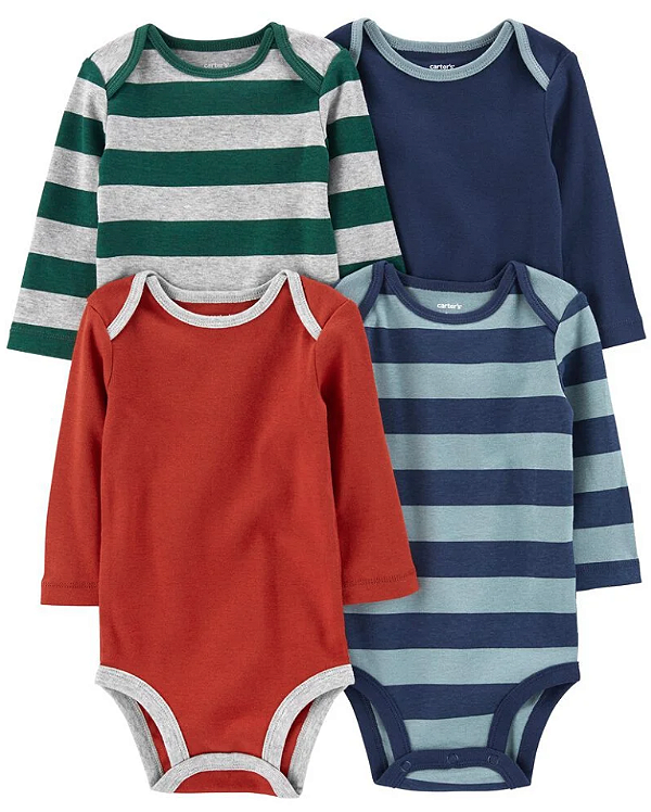 Kit de bodies Carter's - 4 bodies manga longa - Liso/ Listrado