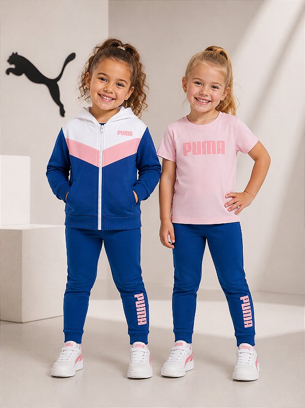Conjunto Puma - Agasalho esportivo, calça legging e Camiseta - Azul/ Rosa/ Branco