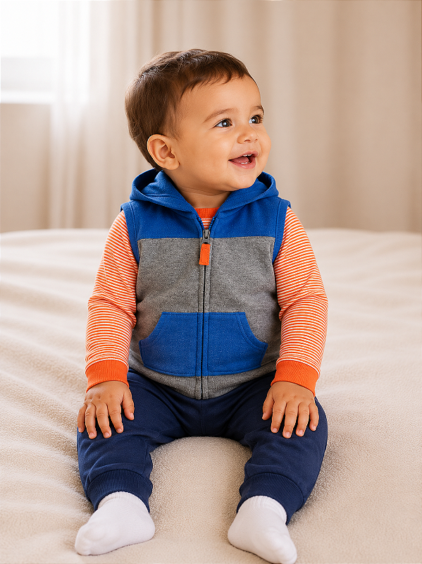 Conjunto Carter's - Colete, body e calça - Laranja/ Azul