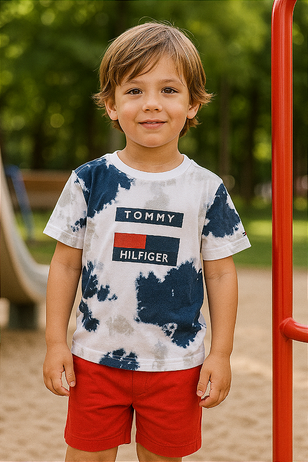 Conjunto Infantil Tommy Hilfiger Camiseta Tie-Dye + Shorts Vermelho – Original