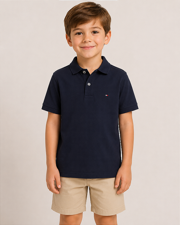 Camisa Polo Infantil Tommy Hilfiger em Algodão – Azul Marinho